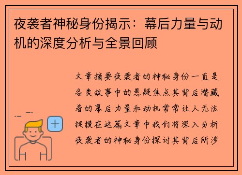 夜袭者神秘身份揭示：幕后力量与动机的深度分析与全景回顾